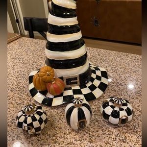 MacKenzie-Childs Check Stripe Witch's Hat & Boo pumpkins set